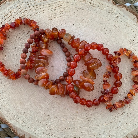 Natural Dark Orange Carnelian & Fire Agate Gemstone Mixed Bead Bracelet Stack - Picture 13 of 14